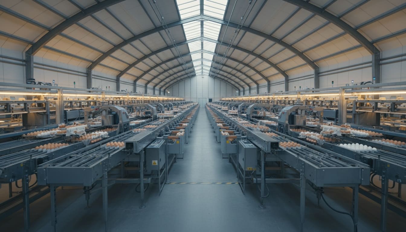 Intérieur d'une ferme industrielle automatisée moderne avec convoyeurs d'œufs